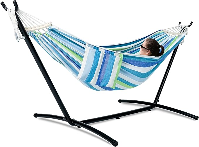 GAFETE Double Hammock with Stand for Outside, Upgraded Spreader Bar, Heavy Duty Space Saving Steel Stand 2 Person, Convenient Pockets, Easy Assembly, 600lbs Weight Capacity, Indoor & Outdoor (Lagoon)