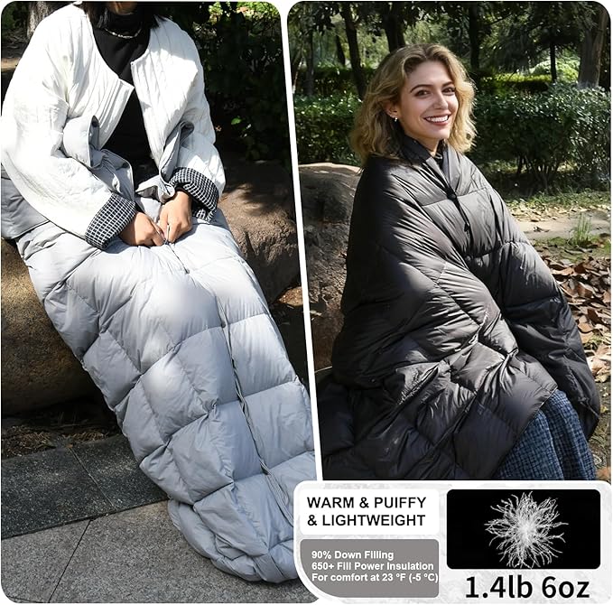 Down Camping Blanket - Lightweight, Packable, Warm & Puffy Outdoor Travel Quilt for Sleep, Hiking, Backpacking, Stadium, Festivals, Water-Resistant Sleeping Bag 55"x79"