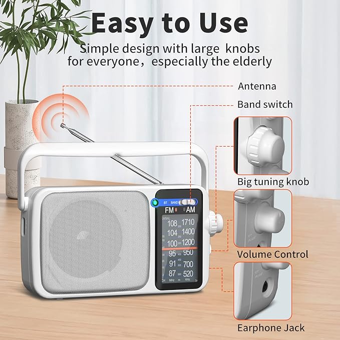YOWGULF AM FM Radio with Best Reception,Bluetooth Portable AM FM Transistor Radio,Battery Operated or AC Power,Large Dial,Headphone Jack, Gifts for Seniors Elderly