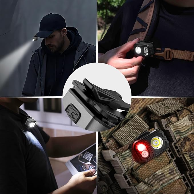 EverBrite 400LM Rechargeable Headlamp, 1.59 oz Lightweight & Comfortable Head Lamp with Hat Clip, IP67 Waterproof, White/Red/Green Light, 7 Modes for Running, Camping and Backpacking-Grey
