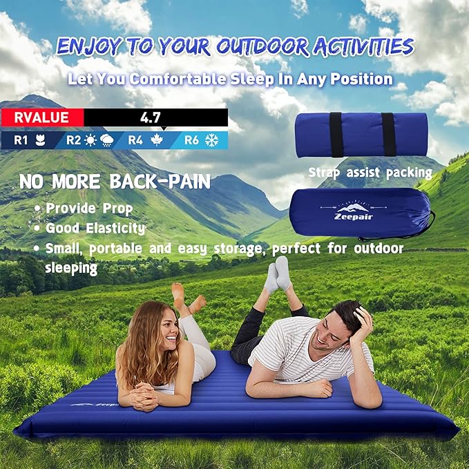 Double Camping Sleeping Pad, Ultralight Waterproof Inflatable 2-Person Sleeping Mat with Inflation Bag, Lightweight Portable Air Mattress for Outdoor Backpacking Hiking Car Traveling Tent (Navy)