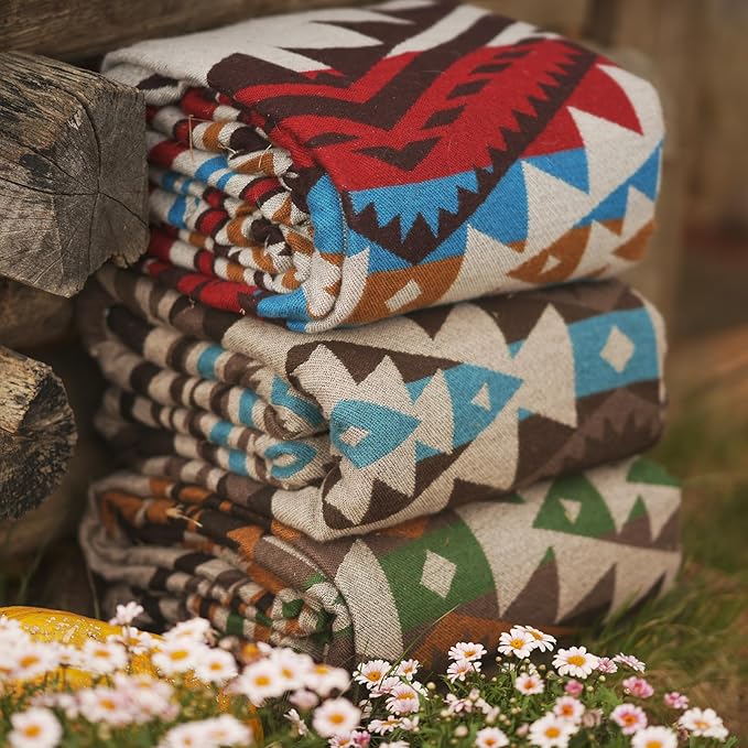 Aztec Throw Blanket with Soft Sherpa Lining, Traditional Southwestern Navajo Tribal Style Warm Throw for Camping, Outdoor, Cozy Boho Blanket for Couch, Sofa, Bed, 60"x80", Teddy Brown