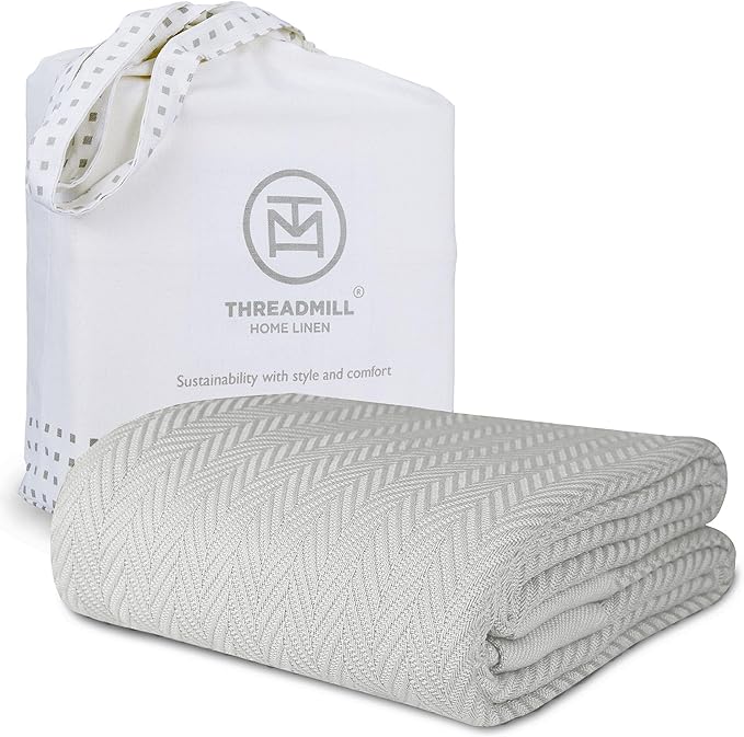 Threadmill Luxury Cotton Blankets for Twin Size Bed | All-Season 100% Cotton Twin Blanket for Bed | Herringbone Soft & Cozy Fall Thermal Blanket, 350GSM, 68x90 inches | Light Grey