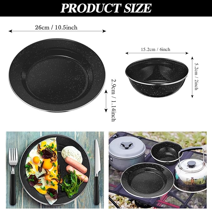 Nuogo 12 Pcs Enamel Camping Tableware Set Dinnerware Kit Includes 12 oz Coffee Mugs Camping Plates Bowls and Utensils Set with Knife Fork Spoon for 2 People Hiking Picnic Outdoor