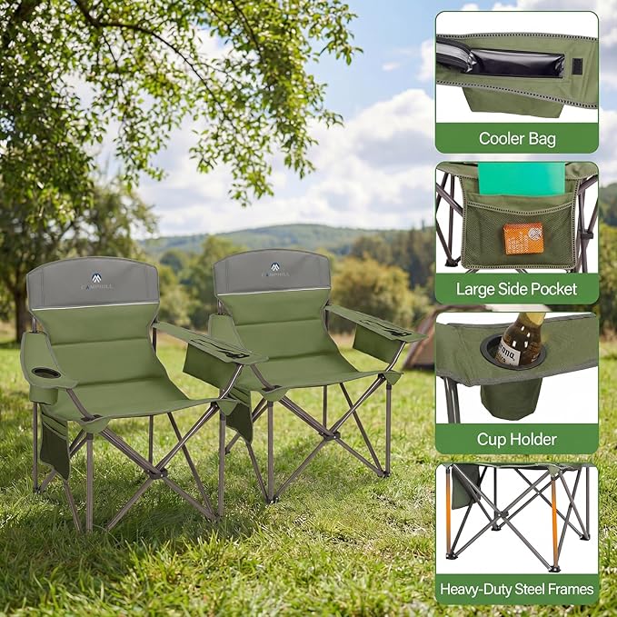 Oversized Camping Chairs 2 Pack - Heavy Duty 400LBS Padded Lawn Chair with Cooler Bag,Cup Holder,Side Pocket,Collapsible for Outdoor,Camp,Fishing & Garden,Olive Green