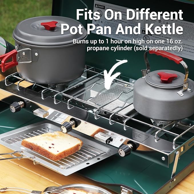 FineFlame Camping Stove, 3 Burners Propane Portable Camp Stove with Regulator, Push-Button Instant Ignition, Adjustable Burners & Wind Guards for Car BBQ Picnics Outdoor Cooking (GREEN-20400 BTUs)