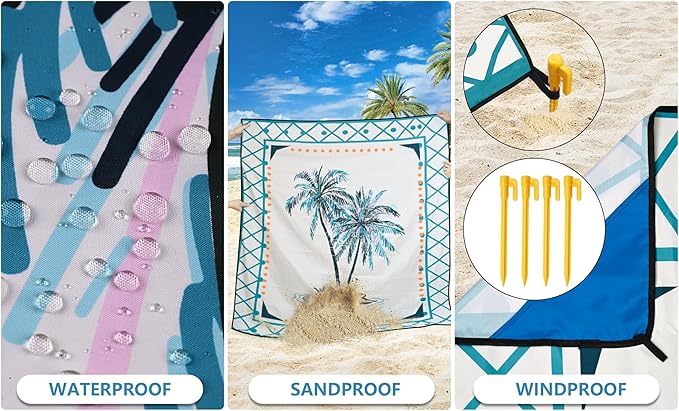 HIHOHO Beach Blanket Waterproof Sandproof Beach Mat 79”x 83” for 1-8 Adults Quick Drying Durable Outdoor Picnic Mat for Beach Festival Travel Camping Hiking (Flower Cocotree, 79"×83"(4 Person))
