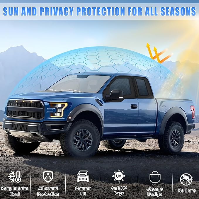 ZATOOTO Car Window Shades for Ford F-150 2021-2024 Car Window Covers Blackout | Double-Layer with Zipper | Airflow and Privacy F-150 Window Screen with Storage Bag for Camping Napping Traveling