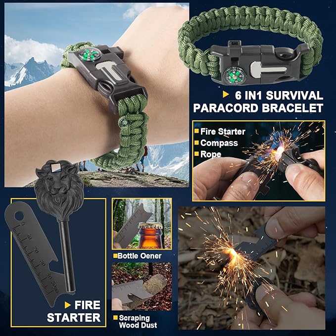 Survival Kit and Emergency Gear - 66 in 1 Outdoor Equipment with First Aid Fire ,Starter, Knife, Compass for Camping, Hiking, Gifts for Men