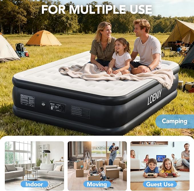 Full Air Mattress with Built-in Pump, 18” High Inflatable Mattress with Storage Bag, 3 Mins Easy Inflation/Deflation Blow up Mattress, Flocked Top Inflatable Bed for Camping, Guests & Adults