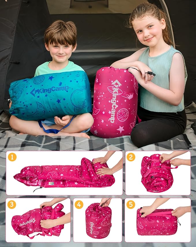 KingCamp 45°F Kids Sleeping Bag, Lightweight Waterproof & Compact Flannel Sleeping Bags Cold Weather & Warm Youth Essentials Gear Accessories for Camping, Fits 10-12 Children up to 4'7"-5'5" Tall
