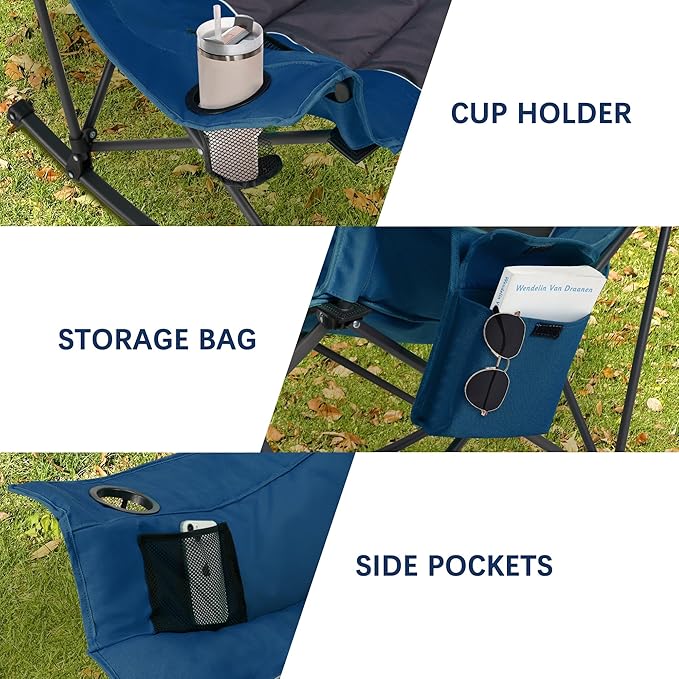 Unisakey Oversized Rocking Camping Chair with Headrest & Cup Holder - 400lbs Capacity, 600D Oxford Fabric, Easy Fold Portable Outdoor Rocker Chair for Camping, Backyard, Beach, Blue