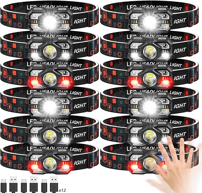 Headlamp Rechargeable 12Pack, 3000 Lumen Ultra-Light Bright Headlamp Flashlight with White Red Light, LED Headlight, 5+5 Mode for Outdoor Camping Fishing Running Hiking (12)