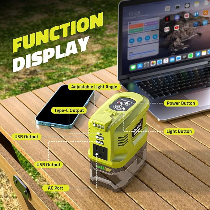 Ecarke 200W Portable Power Inverter Compatible with Ryobi 18V Battery, DC 18V to AC 110V Power Station with 1 AC Outlet, 2 USB, 1 Type-C & LED Light, for Outdoor Emergency Use (No Battery)