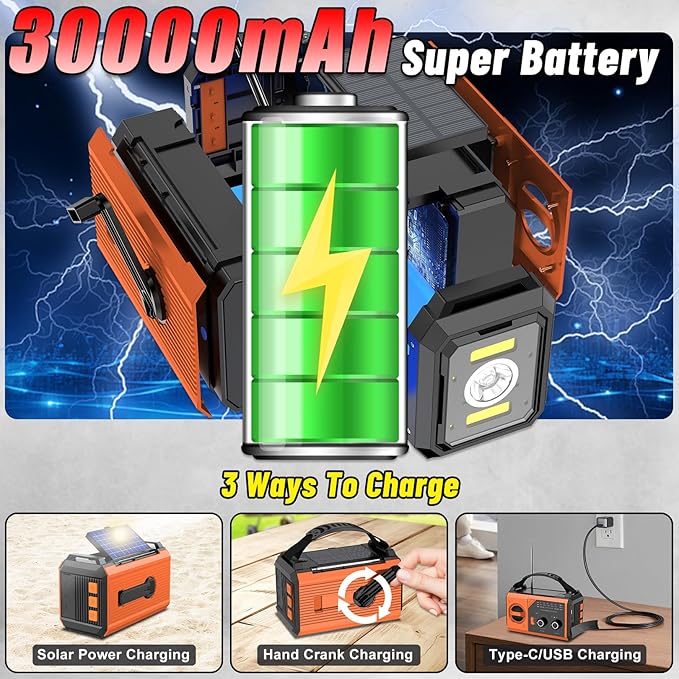 30000mAh Emergency Radio with NOAA Weather Alert, Emergency Hand Crank Weather Radio Portable AM/FM/NOAA Solar Radio with Compass SOS&Flashlight for Survival and Camping/Home (Orange-30000mAh)