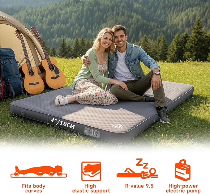 Self Inflating Sleeping Pad,Double Camping Mattress w/Detachable Electric Pump,4 - Inch Thick Memory Foam for Ultimate Comfort, Suitable for Family,Outdoor,Road Trip,4 - Season Use,Gray