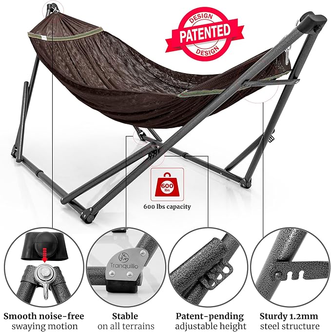 Tranquillo Combo x2 Hammocks with Stand for Outside & Tree Straps, Heavy Duty Hammock with Stand 600lbs for Indoor Outdoor Patio Backyard, x2 Hammocks for 2 Person (Combo - Brown, Medium)