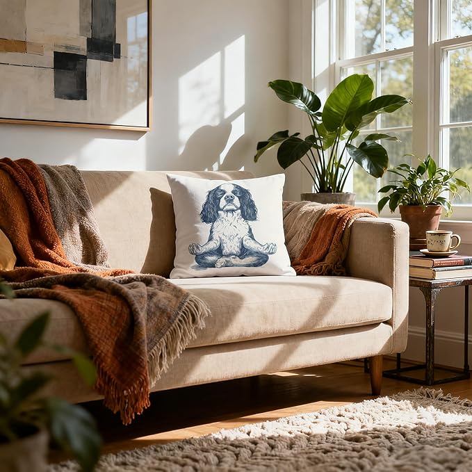 Vintage Yoga Cavalier King Charles Spaniel Pillow Cover 18x18, King Charles Cavalier Gifts, Dog Meditation Decorative Throw Pillow Cover for Meditation Zen Room Yoga Studio Home
