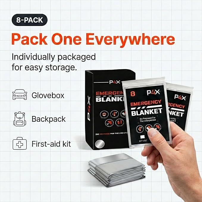 PREPARED4X Mylar Blankets 8 Pack - Waterproof Emergency Blanket - Rip and Tear Resistant Survivalist Gear - Emergency Thermal Blanket for Outdoor Survival