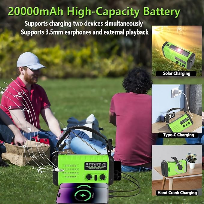 20000mAh/ 74000mWh Emergency Hand Crank Radio, AM/FM/NOAA Portable Weather Radio, Battery Powered Solar Radios with USB Phone Charger, Reading Lamp Flashlight & SOS for Emergency/Hurricane/Home