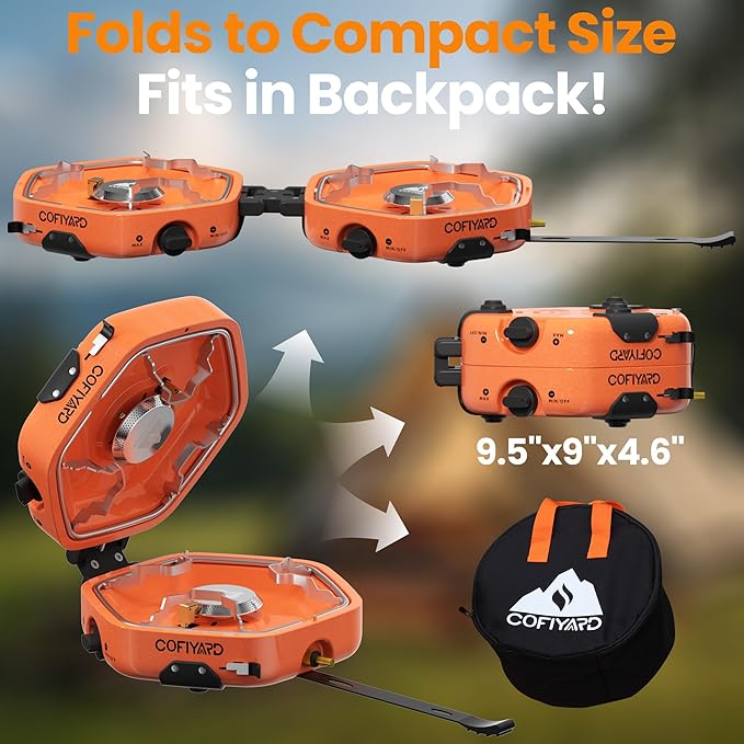 Cofiyard Propane 2 Burner Camping Stove with Carrying Bag, Portable Folding Gas Stove for Camping, Backpacking Camp Stove for Outdoor Cooking with 17,000 BTU Adjustable Burners for BBQ, Tailgating