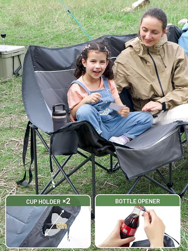 Timber Ridge 3 Person Camping Chair Supports to 1050lbs, Portable Camp Couch Padded Camping Chairs, Outdoor Oversized Folding Loveseat Perfect for Campsites, Patio/Lawn, Soccer Games, Grey