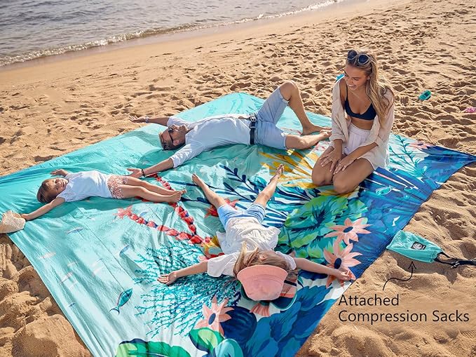 WEKAPO Beach Blanket Waterproof Sandproof Oversized, Extra Large Beach Mat Sand Free, Lightweight & Compact Sand Free Mat with 5 Stakes & 4 Corner Pockets