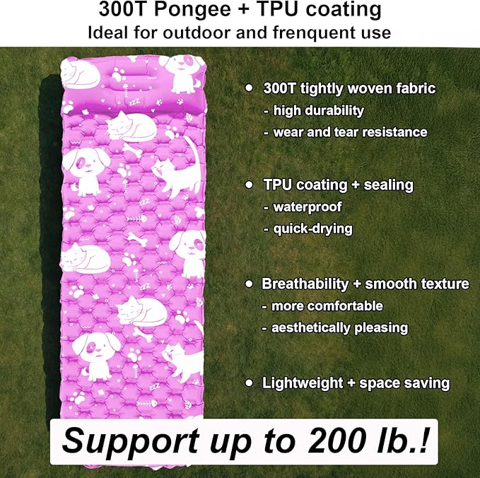Inflatable Sleeping pad for Kids, Toddler and Youth | Air Mattress w Built-in Pump, 5’5” Ultralight Sleeping Mat with Pillow for Camping, Sleepovers & Travel | Airpad, Kids Cot, Camping Mattress -Pink