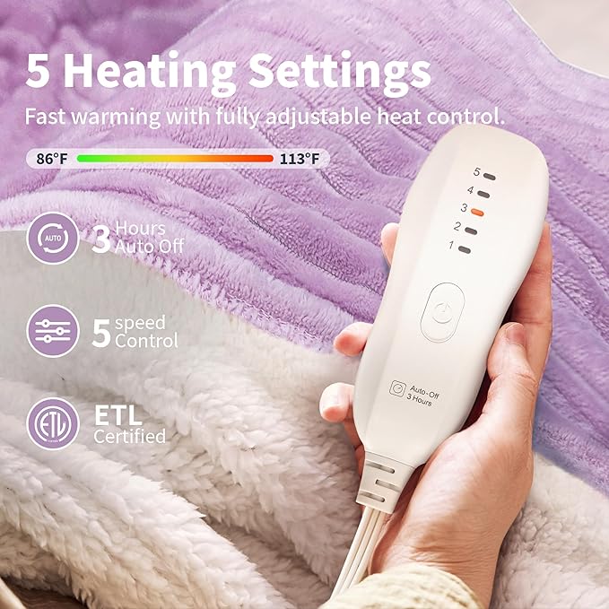 Texciting Heated Blanket Electric Blanket Throw 50”X60”-Heating Throw with 5 Heat Settings-3 Hours Auto Off,ETL Certified,Machine Washable (Purple)