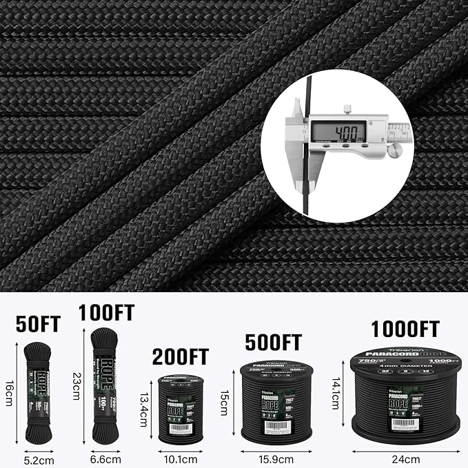 Paracord Rope 750 lb - 200ft 5/32" Parachute Cord 4MM 12-Strand para Cord - Heavy Duty Spool String for Survival,Camping Gear, Survival Bracelet, Clothesline - Black