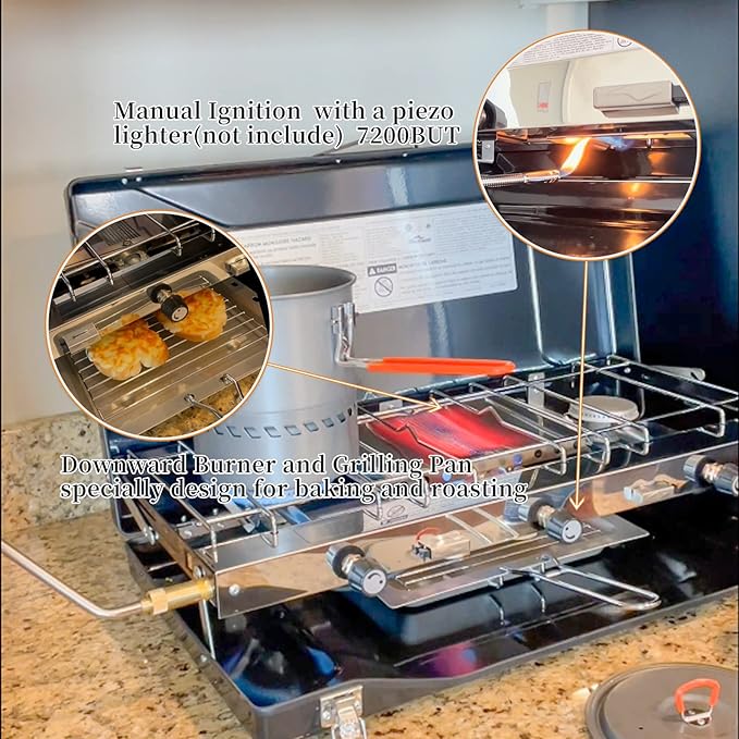 FineFlame Camping Stove, 3 Burners Propane Portable Camp Stove with Regulator, Push-Button Instant Ignition, Adjustable Burners & Wind Guards for Car BBQ Picnics Outdoor Cooking (Black-20400 BTUs)