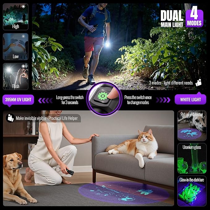 DARKDAWN 3 in1 Super Bright Flashlight & UV Flashlight 395nm, High Lumens USB Rechargeable LED Flashlights,Handheld Portable Flash Lights for Camping, Outdoor Adventure, Pet Urine Stains (2pack)