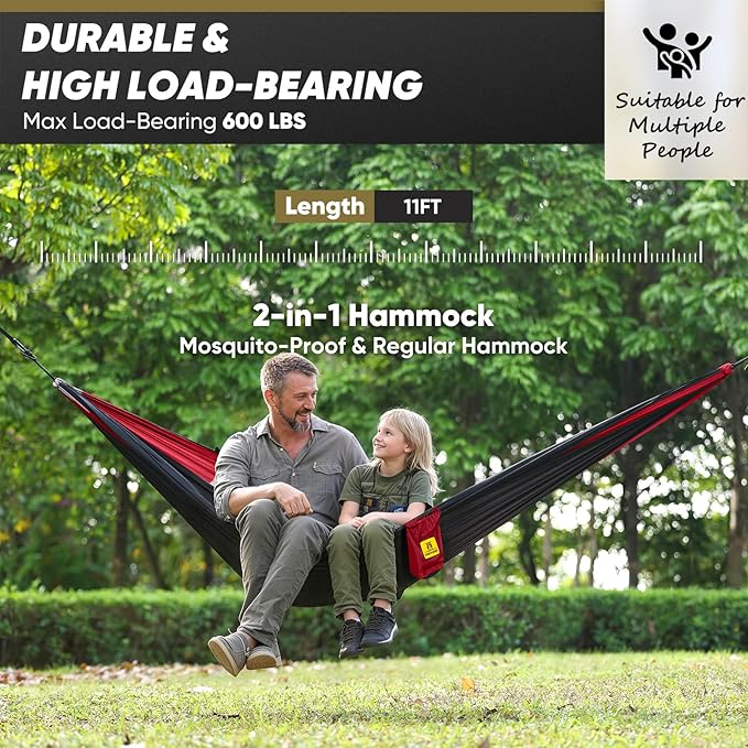 Camping Hammock with Mosquito Net, 600 lbs Portable Hammock with Tree Straps, 2-in-1 Double/Single Travel Hammock Tent for Outside/Indoor/Backpacking/Beach - Black & Red