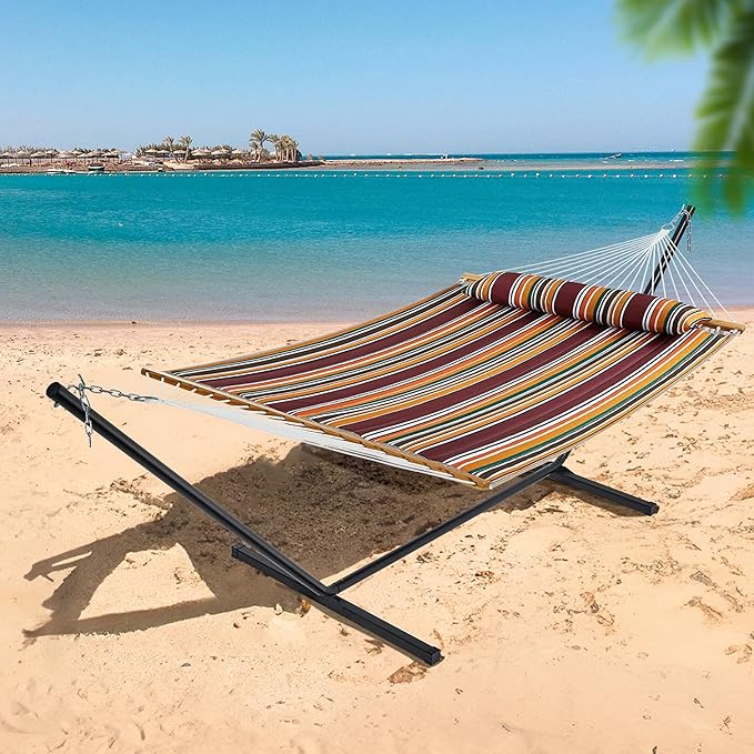 SUPERJARE Hammock with Stand, 2 Person Quilted Outdoor Hammock, Detachable Pillow & Bamboo Spreaders, Portable Hammock with Carrying Bag, Heavy Duty Stand, Perfect for Outside, Patio, Maple-Leaf Red