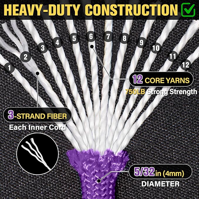 Paracord Rope 750 lb - 500ft 5/32" Parachute Cord 4MM 12-Strand para Cord - Heavy Duty Spool String for Survival,Camping Gear, Survival Bracelet, Clothesline - Purple