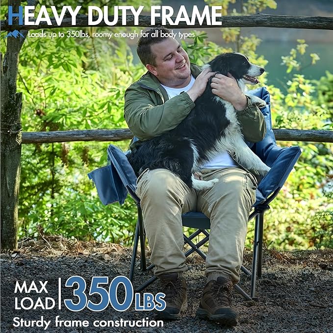 Portal Oversized Padded Camping Chair - Heavy Duty Folding Chair with Cup Holder & Side Pocket, Supports 350 lbs, for Camping, Lawn, Sports, Blue