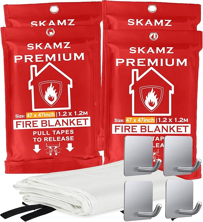 SKAMZ Fire Blanket 4 Pack - 47" x 47" Prepared Emergency Fire Blanket for Home and Kitchen, RV, Grill, Fireplace, Safe & Easy for Young Adults and Elderly