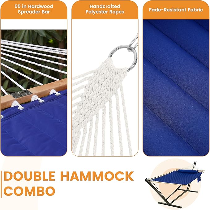 Lazy Daze Hammocks 2 Person Hammock with 12FT Stand for Outside, Quilted Double Hammock with Detachable Pillow, Balance Strap & Carrying Bag Included, 450lbs Capacity, Tool-Free Assembly, Navy Blue