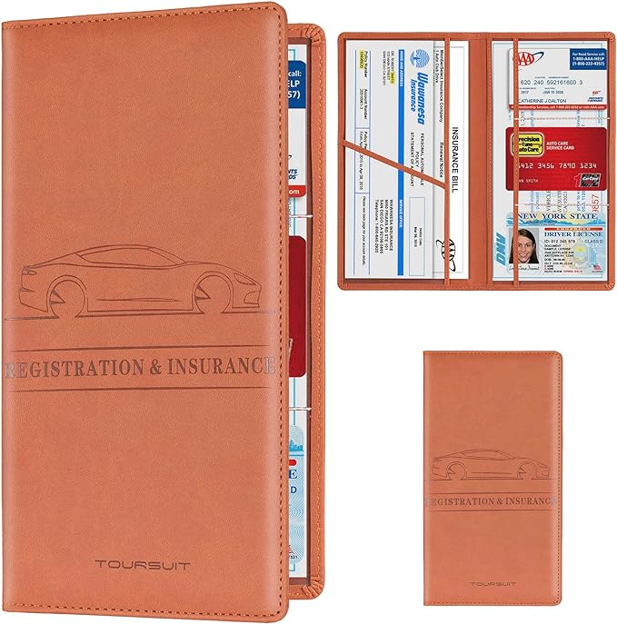 TOURSUIT Car Registration and Insurance Card Holder, Vehicle License Document Glove Box Compartment Organizer, Interior Car Accessories for Women Men Teens (Brown)