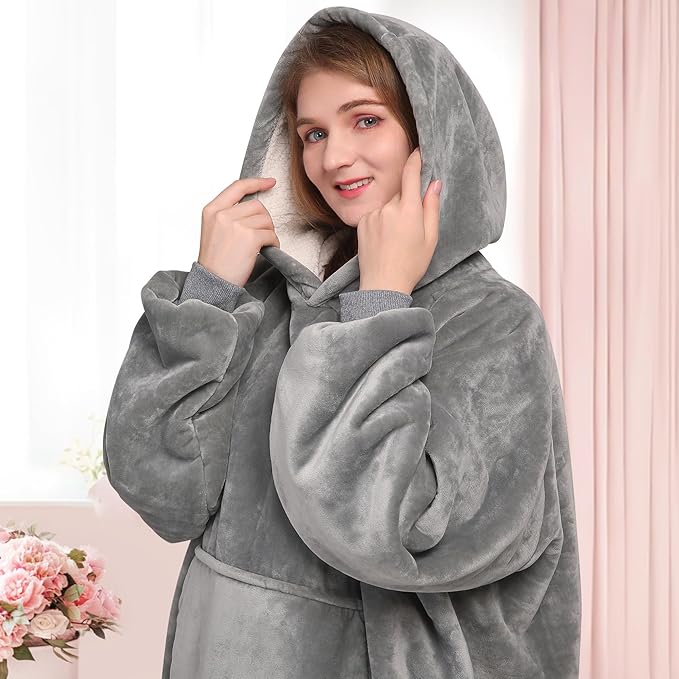 Waitu Wearable Blanket Sweatshirt Gifts for Women and Men, Sherpa Wearable Blanket Adult, Oversized Blanket Hoodie, Thick Sherpa Blanket, Warm Body Blanket Robe - Gray