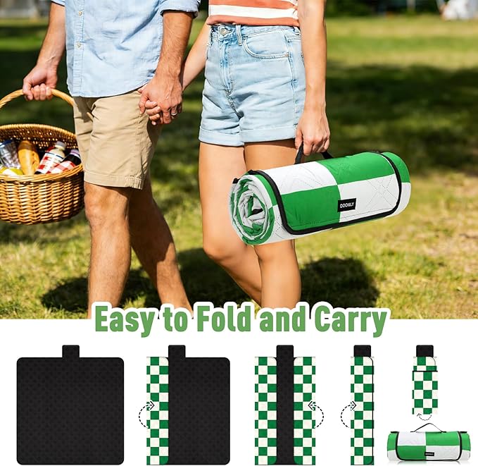 Doonly Picnic Blanket, 78" x 78" Large Waterproof Sandproof Beach Blanket, Foldable Outdoor Blanket Gingham Picnic Mat for Beach, Camping, Park, Grass, Lawn, Travel (Green)