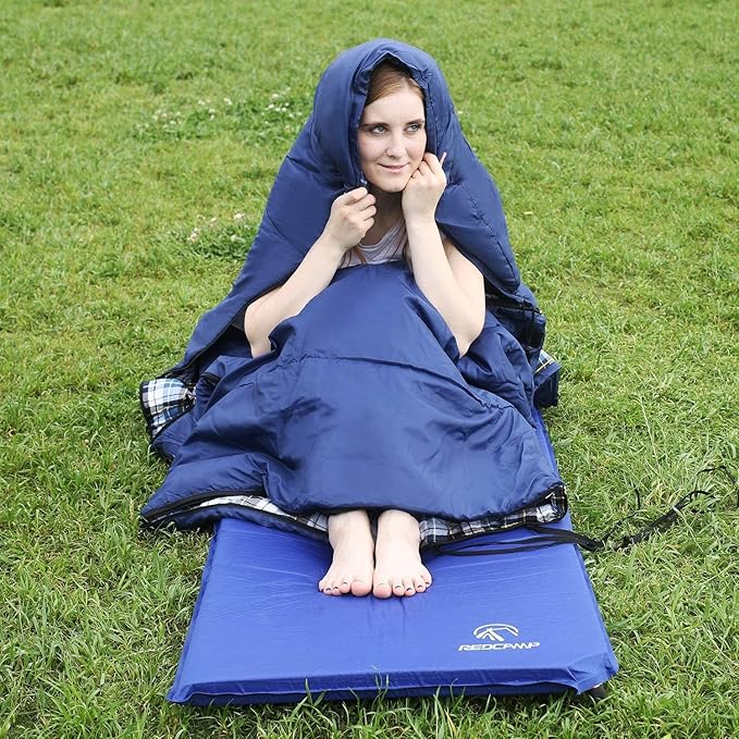 REDCAMP Flannel Sleeping Bag for Adults, Comfortable Cotton Sleeping Bags for Camping with Detachable Hood, Red/Grey/Blue/Black