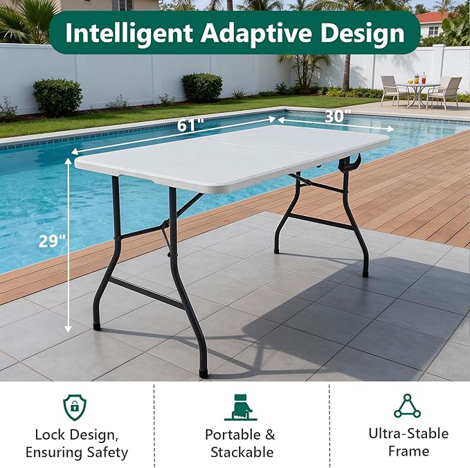 Folding Table 5ft - Heavy Duty Fold-in-Half Plastic Table with Adjustable Height, Portable Utility Tables with Steel Legs for Indoor, Outdoor, Picnic, Camping, Dining, Party (White)