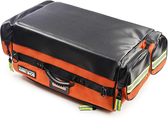 Scherber First Responder O2 Bag | Ultimate Professional EMT/EMS Trauma Oxygen Kit | Durable Reflective 600D Water Repellant Bag w/10+ Compartments, Zippered Pockets, Dividers & Padded Strap - Orange