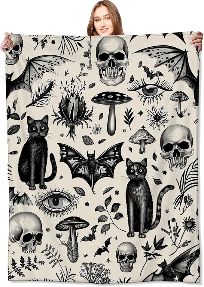 Spooky Goth Blanket Gothic Black Cats, Skulls, and Bats Throw Blankets Gifts for Girls Boys Adults Lightweight Soft Fleece Cozy for Sofa Couch Bed Room Travel Birthday Halloween Decor 40x50in