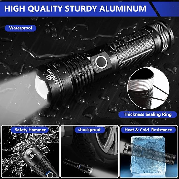 Esgofo Flashlights High Lumens 100000 Rechargeable, Super Bright Handheld LED Flash Light, Powerful Emergency Linternas, Waterproof, Long Lasting, for Hiking Camping Gift