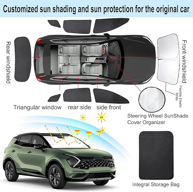8PCS Windshield Sun Shade Custom Fit for 2023 2024 2025 2026 Kia Sportage NQ5 Accessories Foldable Sunshade Side Rear Window Shade Cover Full Set Privacy Protection Keeps Car Cool