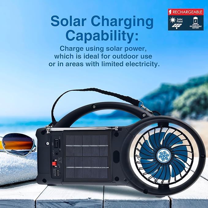 Supersonic SC-1073ERF Solar Power Bluetooth Speaker with FM Radio, LED Torch Light and Fan USB/SD Input, FM Radio, 3 Wind Speed, for Picnic, Barbecue, Camping, Hurricane Emergency
