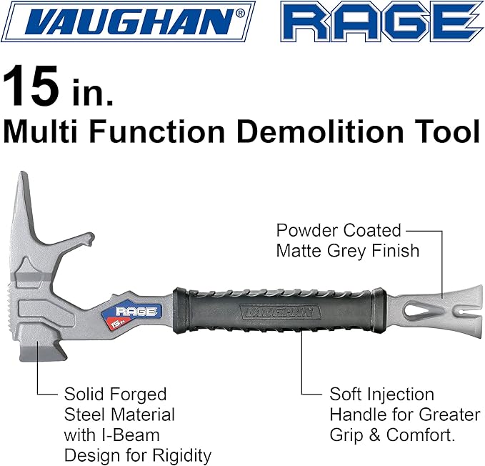 Vaughan 15 Inch Multi-Function Demolition Tool, Hammer, Nail Puller, Multi-Use, Heavy Duty Construction, DIY Hand Tools - Blue 050042 (Pack of 12)