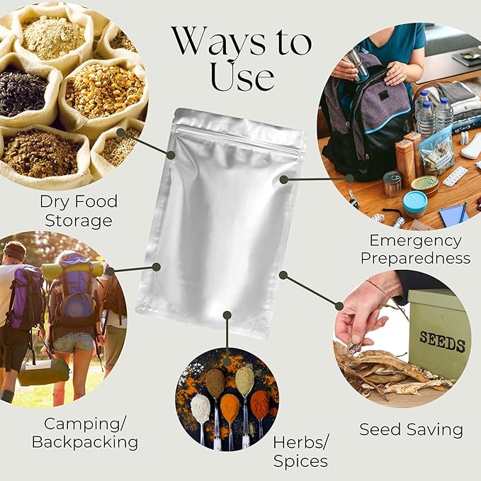 Mylar Bags for Food Storage 100 Stand Up 9.5mil Thick 130 Oxygen Absorbers 300cc Airtight Packaging for Emergency Food Supply Heat Sealable Zipper Resealable 1 Gallon Quart 1/2 Pint